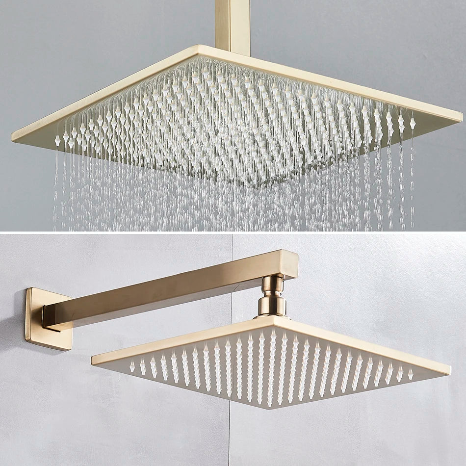 Afralia™ Gold Thermostatic Rainfall Shower Faucet Mixer Set for Bathroom with Ceiling Wall Mount