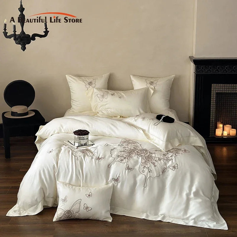 Afralia™ Butterfly Flowers Embroidery 800TC Eucalyptus Fiber Bedding Set