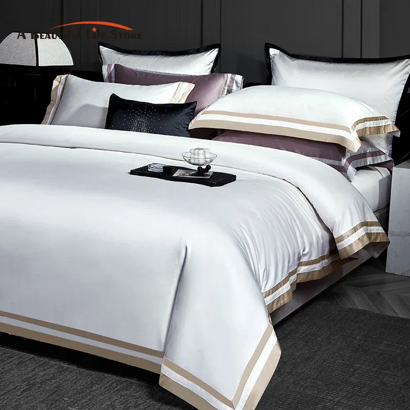 Afralia™ Luxury White Gray Hotel Style Embroidery Bedding Set, Silky Soft 1400TC Egyptian Cotton
