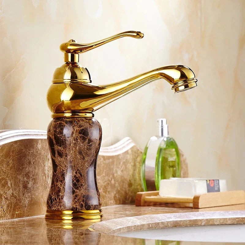 Afralia™ Golden Marble Bathroom Sink Faucet Hot Cold Water Mixer Deck Mounted Gold Tap