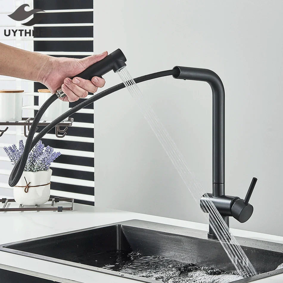 Afralia™ Matte Black Kitchen Faucet Pull Out Dual Sprayer Mixer Tap Rotation Deck Mounted