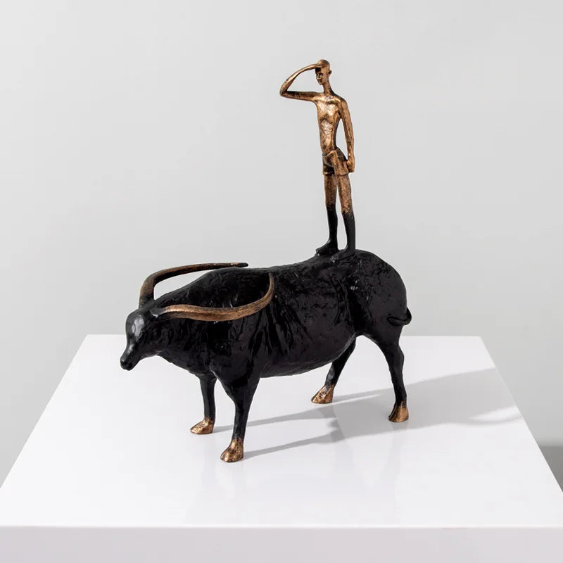 Afralia™ Abstract Black Yak Golden Cow Sculpture Decorative Metal Figurine