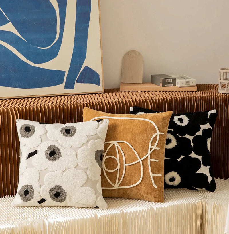 Nordic Embroidered Cushion Cover Afralia™ - Black & White Checkerboard Plush Pillow Case