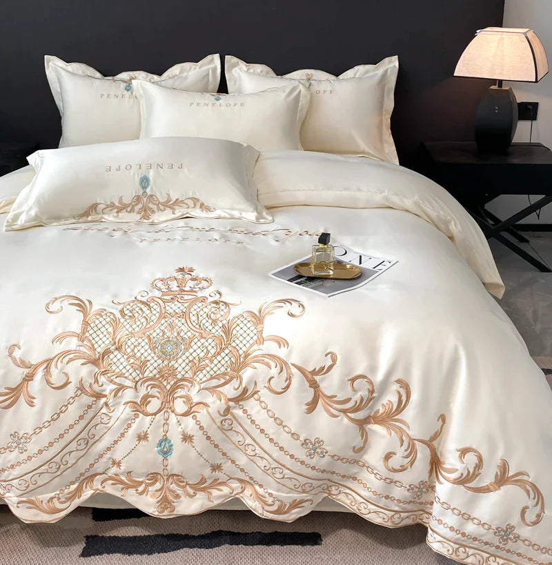 Afralia™ White Gold Embroidery Satin Cotton Bedding Set with Pillowcases & Flat Sheet