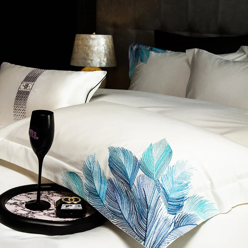 Afralia™ Luxury Feather Embroidery Bedding Set in 1000TC Egyptian Cotton, Queen King Size