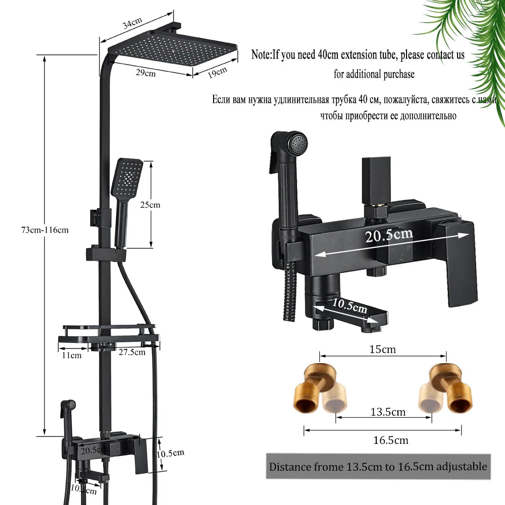 Afralia™ Black Brass Shower Faucet Set Rainfall Bathtub Tap With Bathroom Shelf