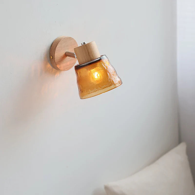 Afralia™ Amber Glass LED Wall Sconce Nordic Modern Wood Pull Chain Switch Stair Light
