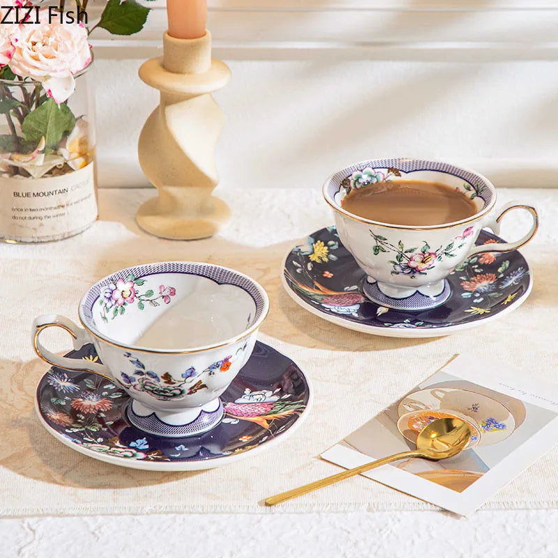 Afralia™ Flowers Pattern Ceramic Cup & Saucer Set for Dining Table, Coffee, Tea, Juice