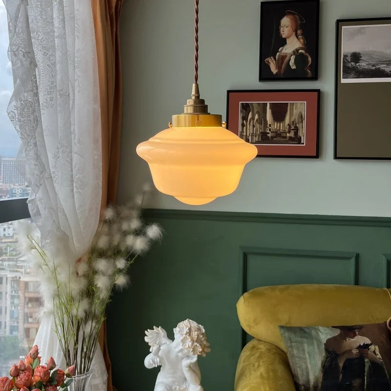 Afralia™ Cream Glass LED Pendant Brass Hanging Lamp for Kitchen Restaurant Living Room