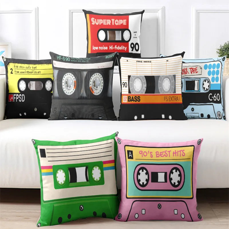Afralia™ Retro Cassette Music Tape Design Pillowcase 45x45cm - Double-sided Print Sofa Cushion Cover