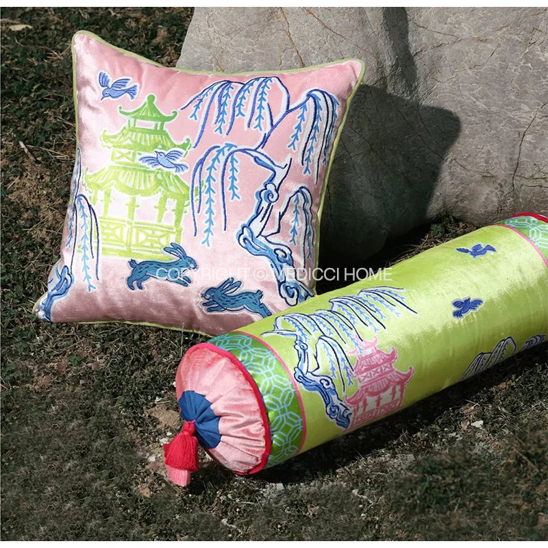 Afralia™ Spring Pavilion Rabbit Decorative Pillow Cover - Double Sided Embroidered Cushion Case