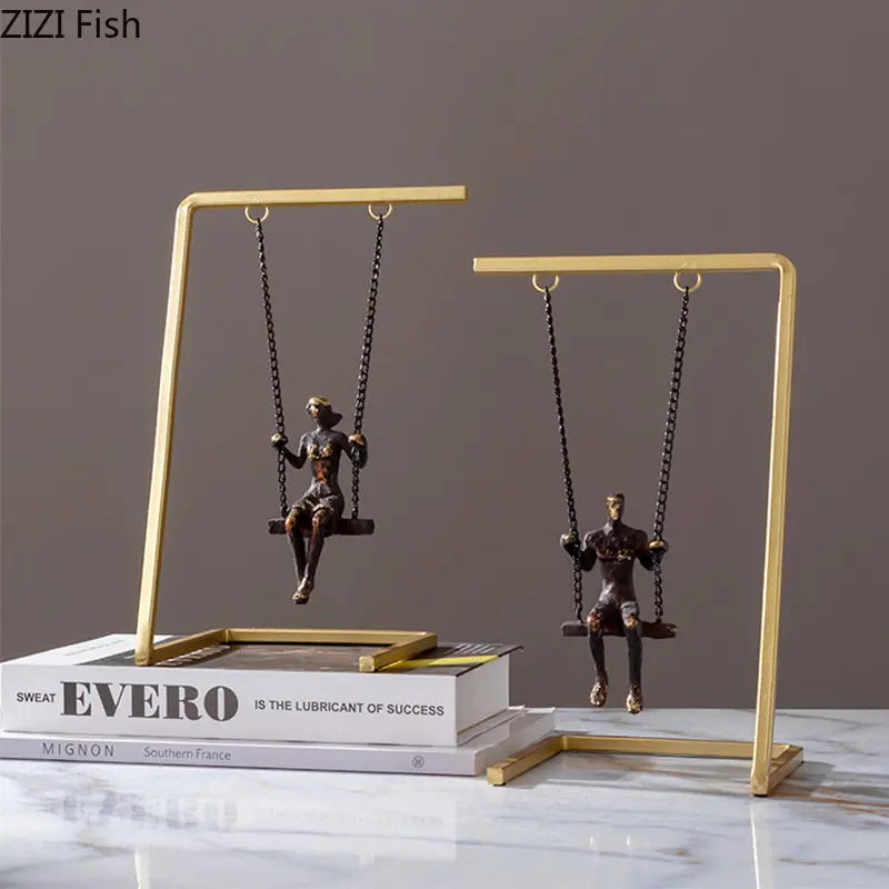 Afralia™ Golden Swing Metal Sculpture Desk Ornament - Modern Home Decor