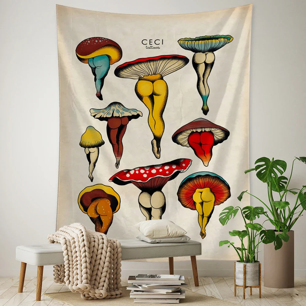 Afralia™ Cactus & Mushroom Girl Tapestry - Hippie Boho Psychedelic Wall Art Decor