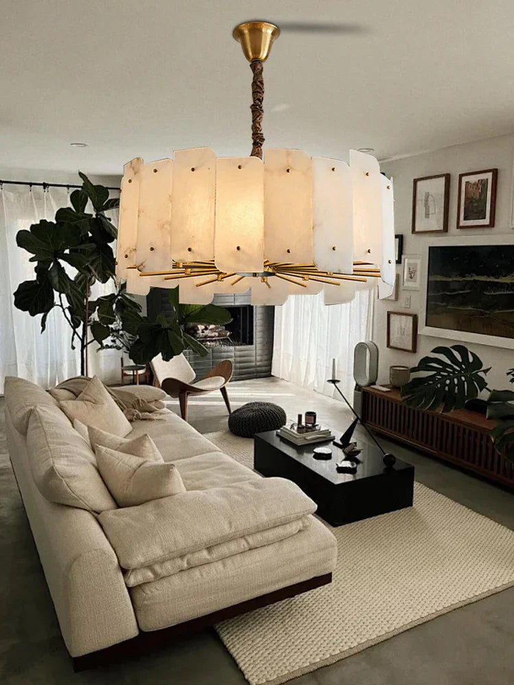 Afralia™ LED Chandelier Classic Lighting Marble Gold Stone Lampshade Home Decor