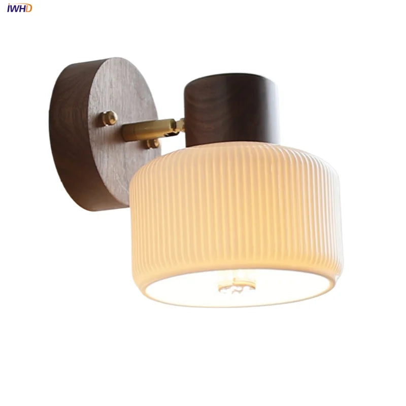 Afralia™ Walnut Wood LED Wall Sconce Ceramic Rotate Modern Bathroom Mirror Light
