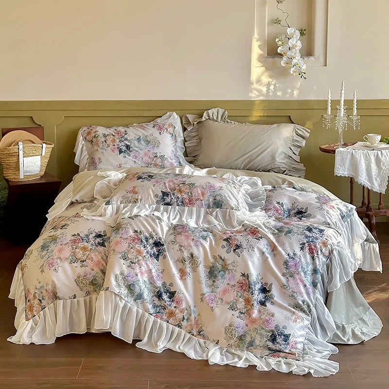 Afralia™ French Flowers Lace Ruffles Princess Bedding Set with 1000TC Egyptian Cotton
