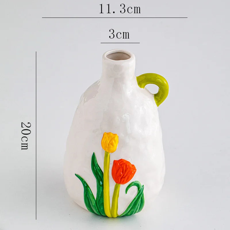 Afralia™ Tulip Embossed Ceramic Vase - Colorful Floral Pattern - Home Décor Vase
