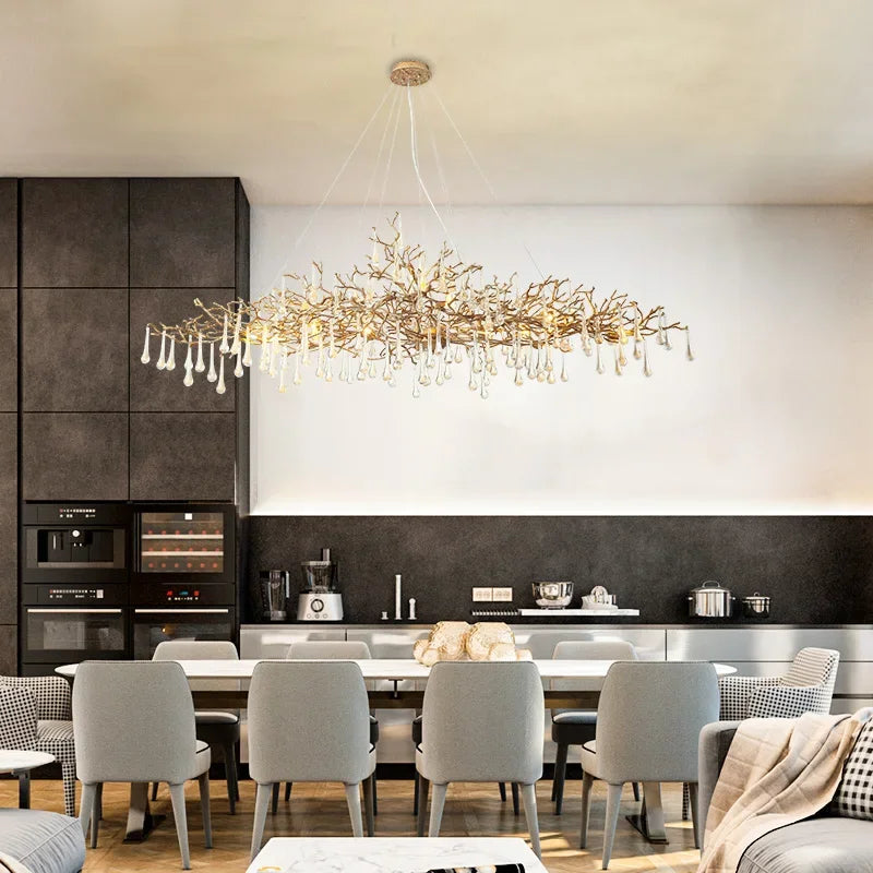 Afralia™ LED Branch Crystal Chandelier Copper Suspension Lights Luxe Ceiling Pendant