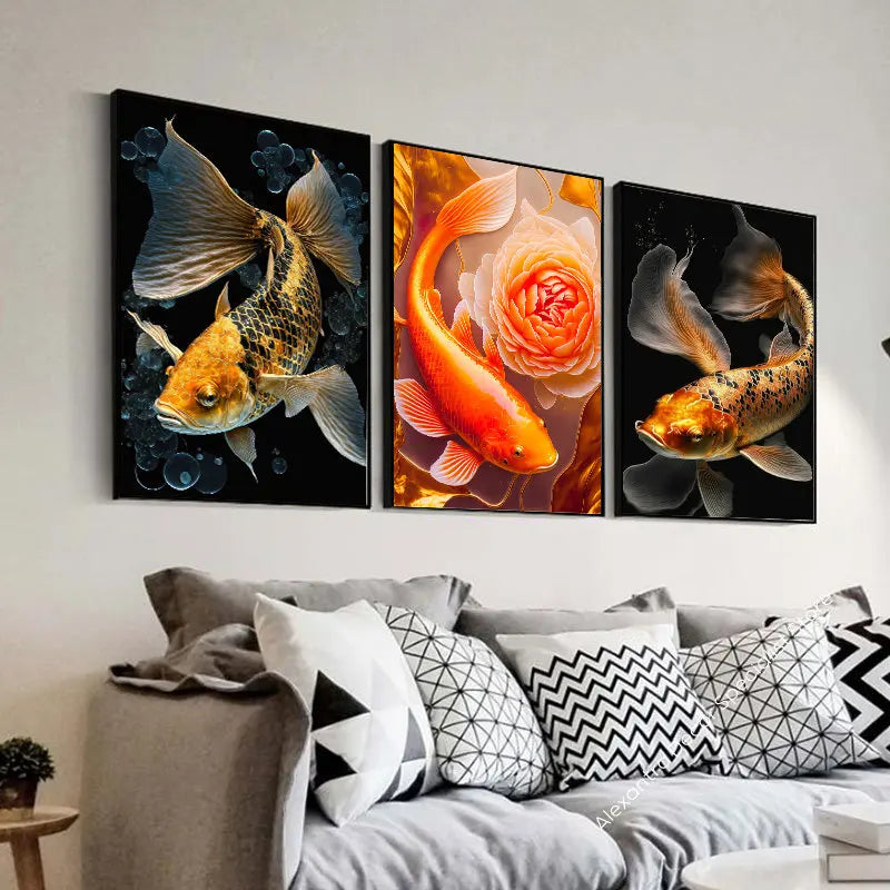 Afralia™ Modern Lotus & Koi Canvas Painting Wall Art for Living Room