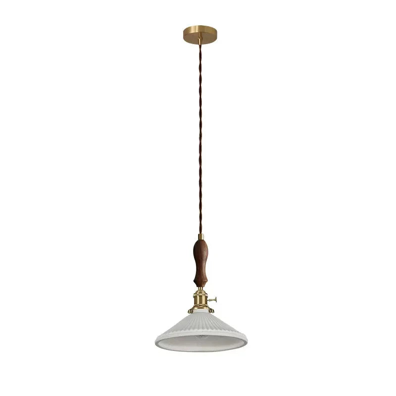 Afralia™ Ceramic LED Pendant Lamp with Wood Handle for Bedroom, Living Room, Dining - Vintage Japanese Style