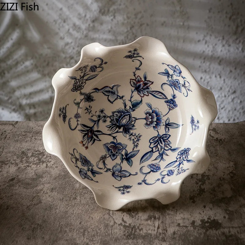 Afralia™ Blue Flower Pattern Footed Fruit Tray Dessert Plate Snack Bowl Plate
