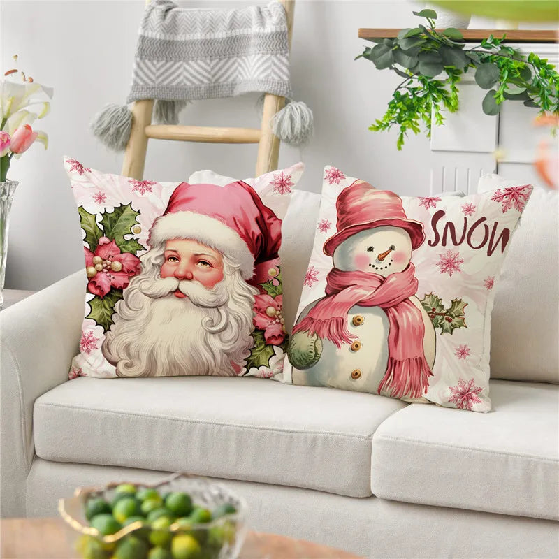 Afralia™ Pink Christmas Tree Pillow Cover, Santa Claus Print, New Year Home Decor Sofa Cushion Cover