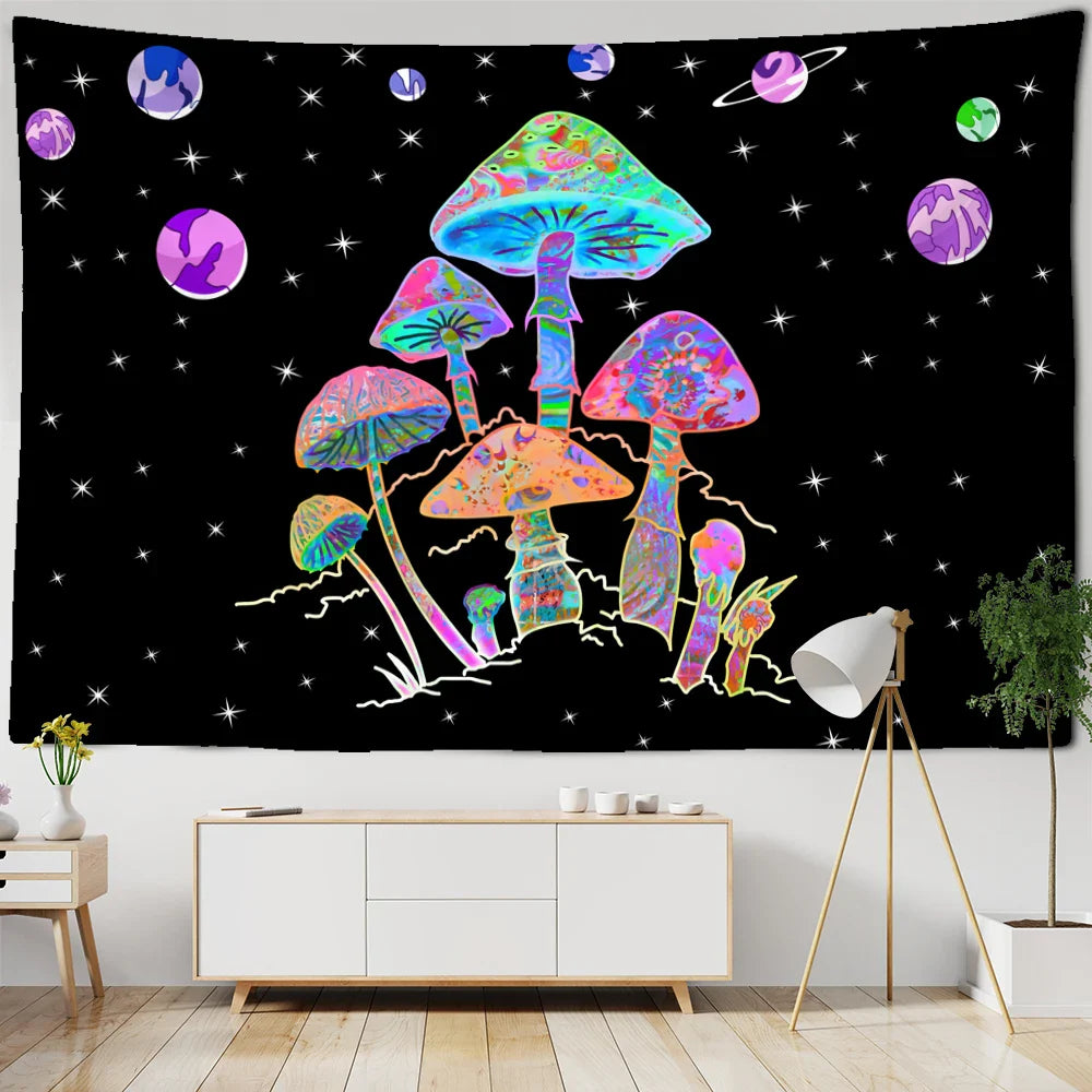 Afralia™ Cartoon Planet Mushroom Tapestry Wall Hanging for Psychedelic Room Decor