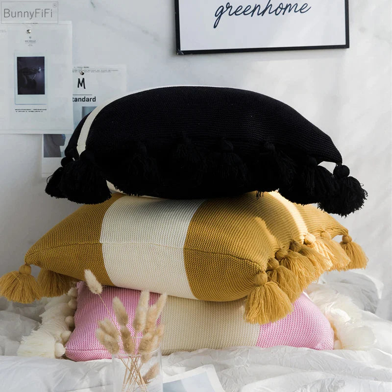 Afralia™ Mustard Stripe Tassels Cushion Cover 45cm Soft Ball Vintage Home Decor