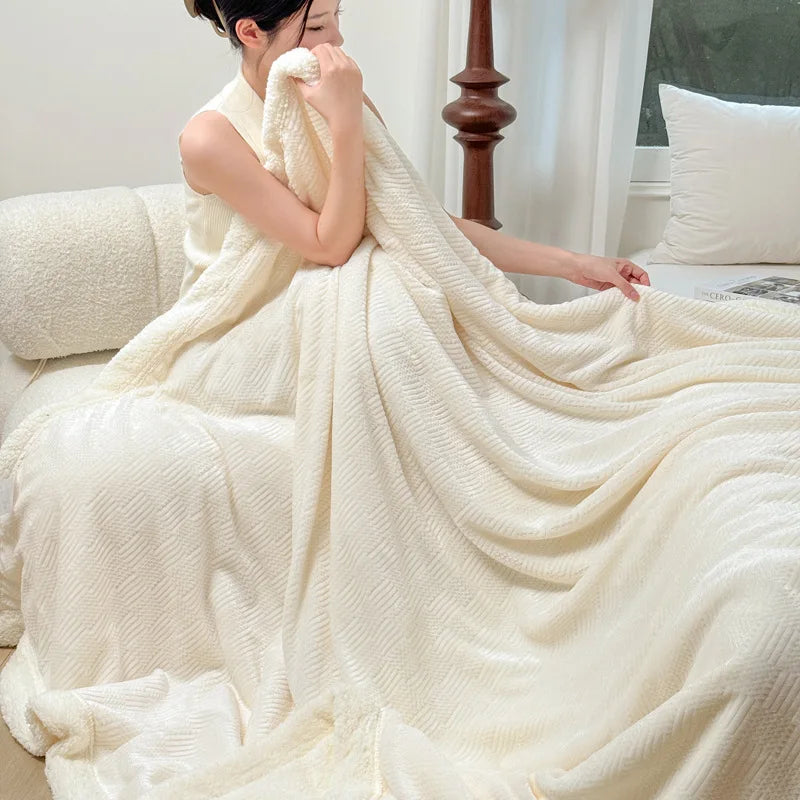 Afralia™ Double-Layer Coral Fleece Jacquard Blanket: Warm & Multi-Functional for Home & Travel