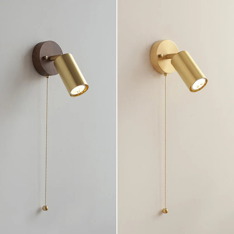 Afralia™ Copper Lampshade LED Wall Sconce Pull Chain Switch Nordic Modern Walnut Wood Mirror Light