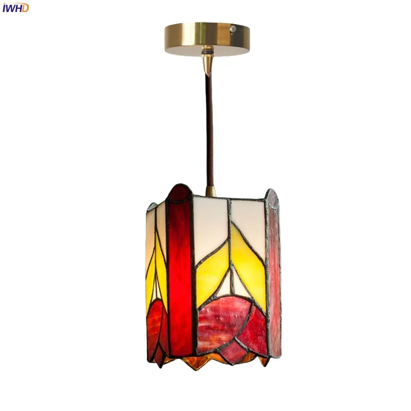 Afralia™ Tiffany Glass Pendant Light for Dining Room, LED Colorful Hanging Lampshade