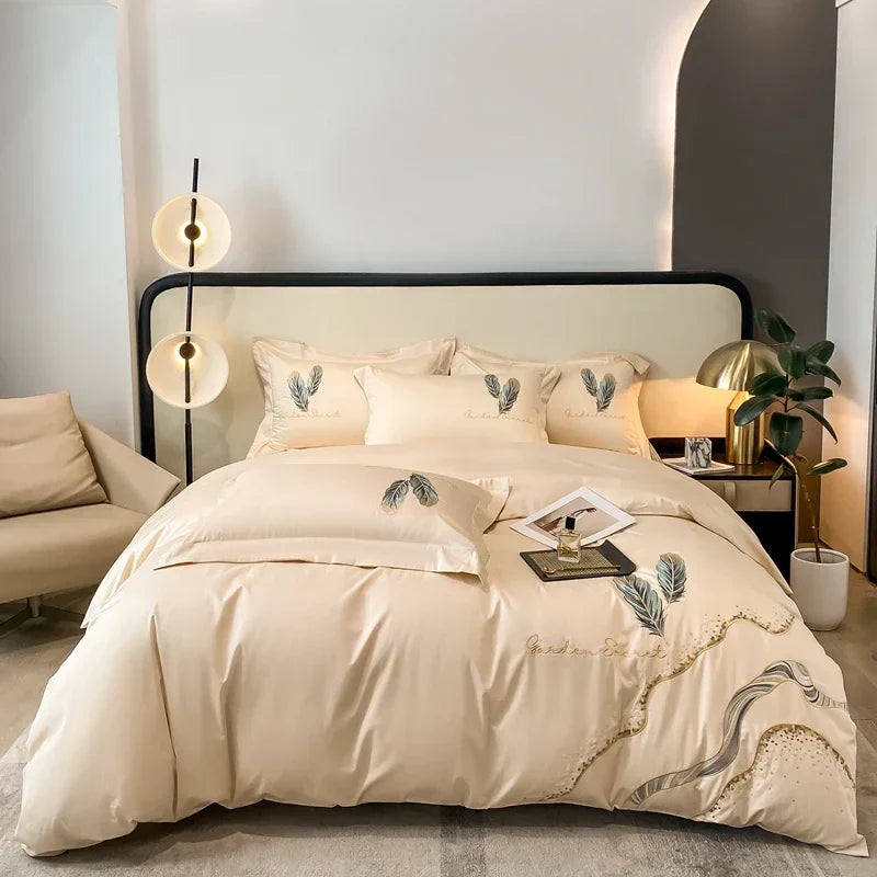 Afralia™ Cotton Embroidery Bed Linens Set: Full-Queen-King Size, Sheet, Duvet Cover, Pillowcase