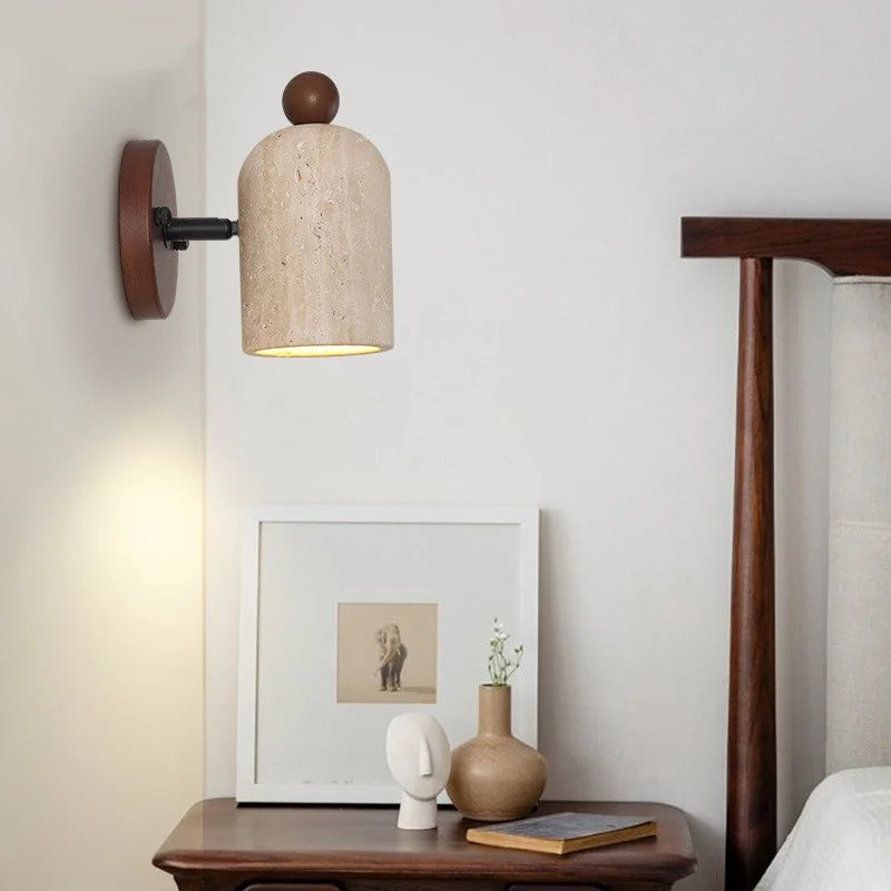 Afralia™ Yellow Travertine Wood Wall Light: Up Down Rotate LED Fixture with Pull Chain Switch.