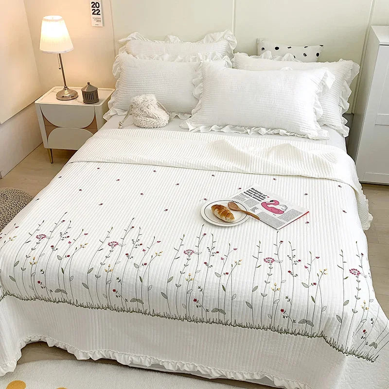 Afralia™ Ruffles Flowers Embroidery Quilt Set - Princess Bedding with Comforter
