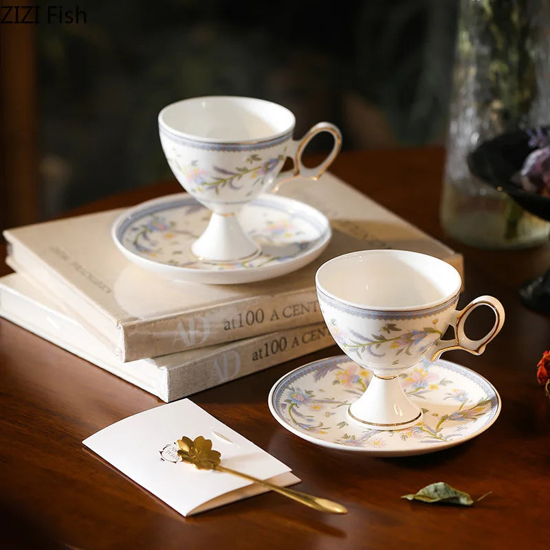 Afralia™ Gold Flower Ceramic Cup & Saucer Set - Elegant Goblet Mugs for Coffee, Tea, Juice