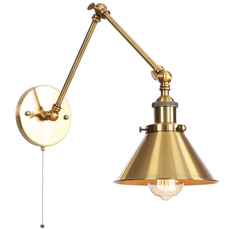 Afralia™ Gold Long Arm LED Wall Sconce with Pull Chain Switch, Adjustable Industrial Bedside Lamp