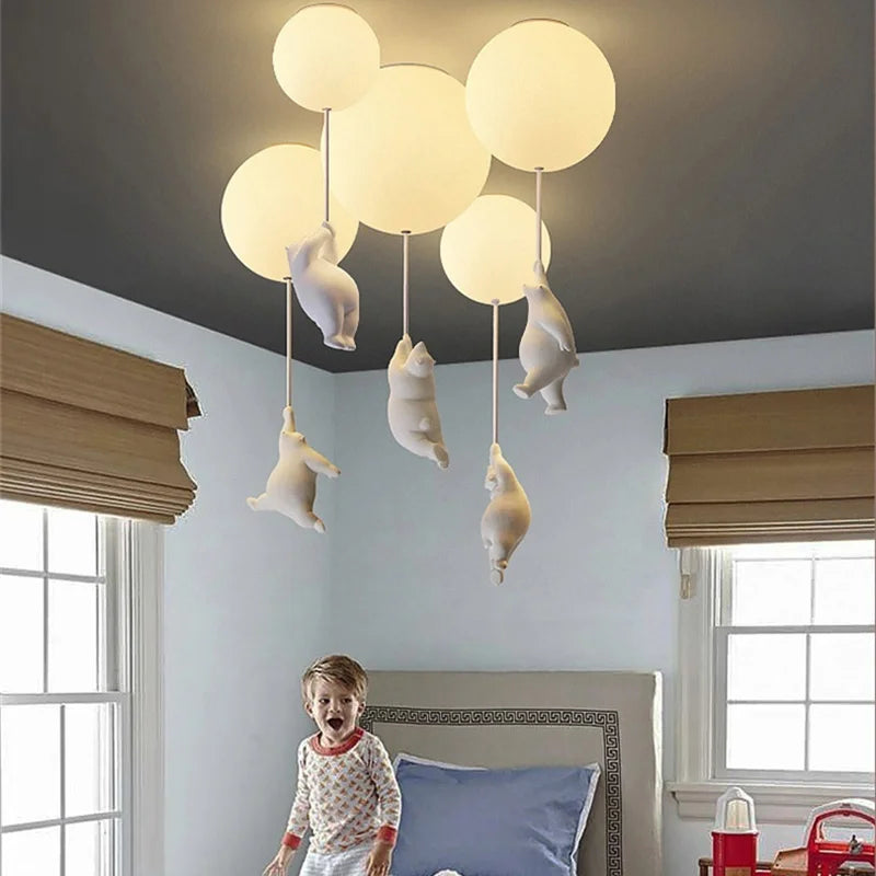 Afralia™ Nordic White Bear Kid Ceiling Lamp: Children's Room Decoration LED Pendant Light.
