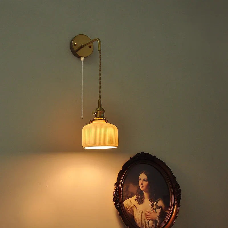 Afralia™ Copper Ceramic LED Wall Light Fixture Pull Chain Switch Modern Wall Lamp