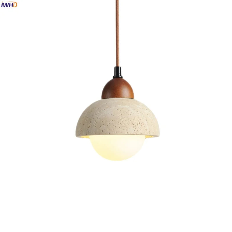 Afralia™ Vintage Stone LED Hanging Lamp Wood Yellow Travertine Pendant Lighting