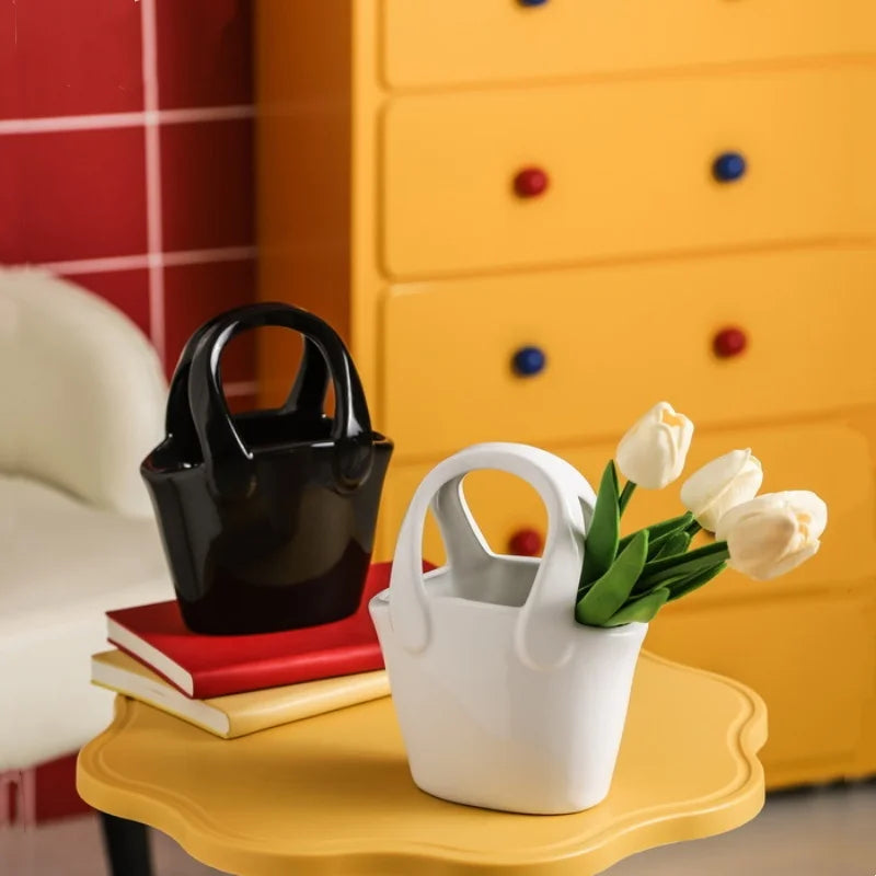 Afralia™ Ceramic Vase Handbag Terrarium Home Decoration Flower Arrangement Accessories