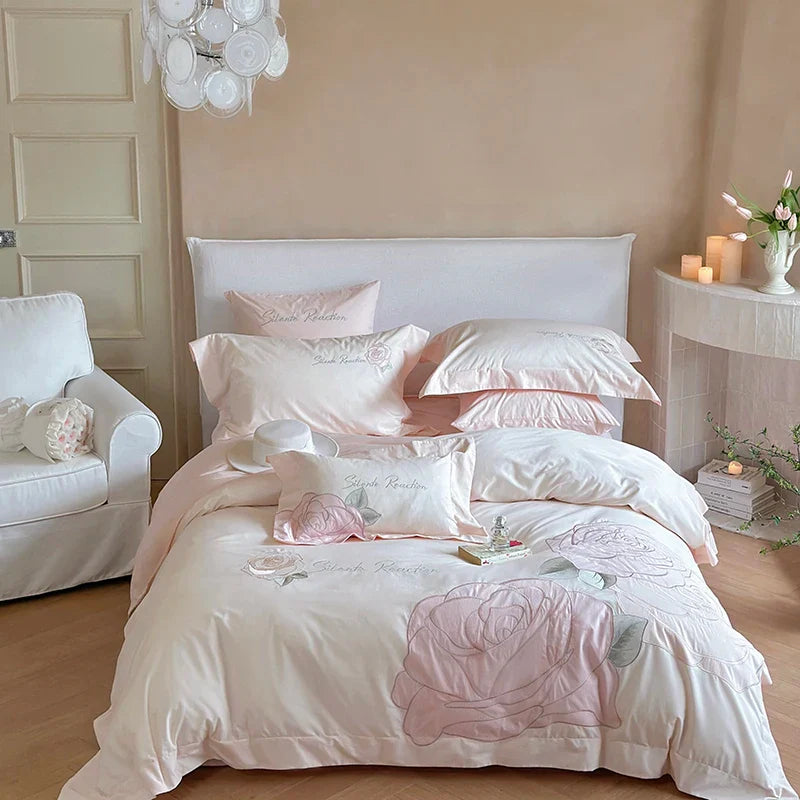 Afralia™ Pink Rose Applique Cotton Embroidery Bedding Set 500TC Soft Skin-friendly Duvet Cover