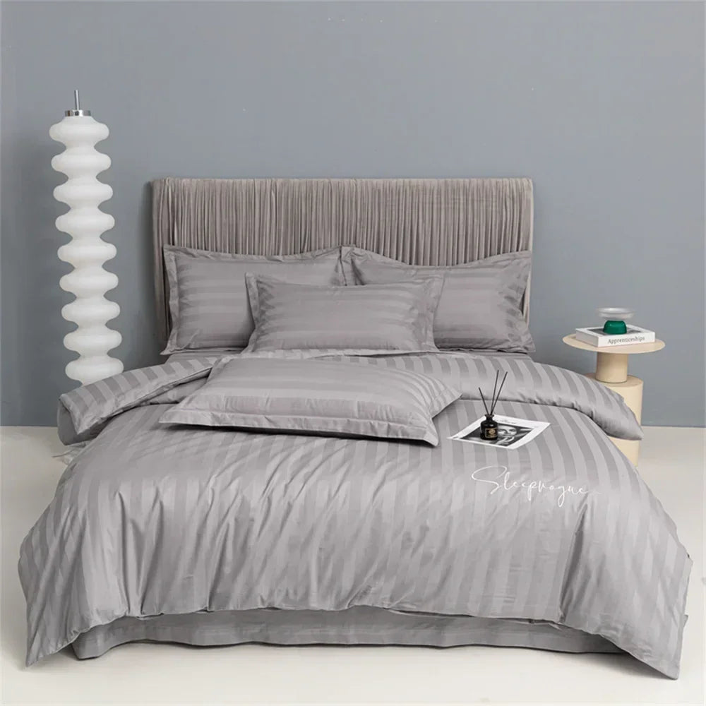 Afralia™ Nordic Grey Stripes Egyptian Cotton Bedlinens Set for Queen King Size