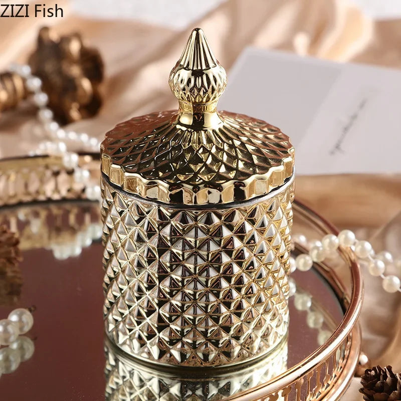 Afralia™ Gilded Glass Storage Jar with Lid for Candy, Jewelry, and Cosmetics