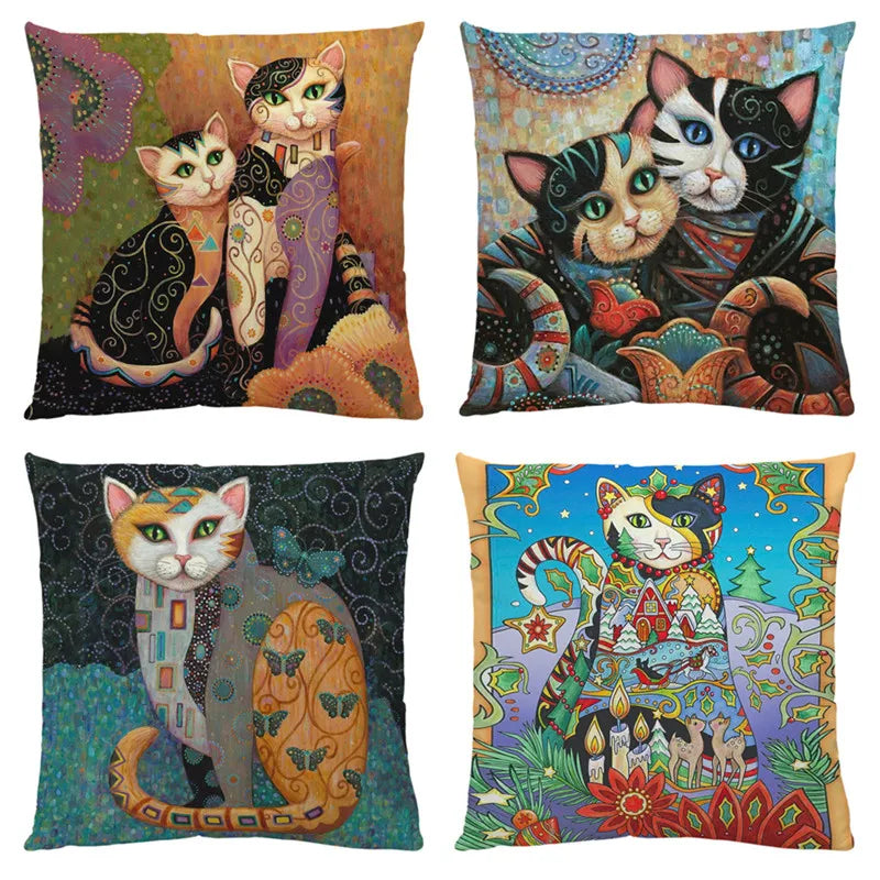 Afralia™ Retro Cat Print Linen Cushion Cover: Modern Home Decor 45x45cm Pillow Cover