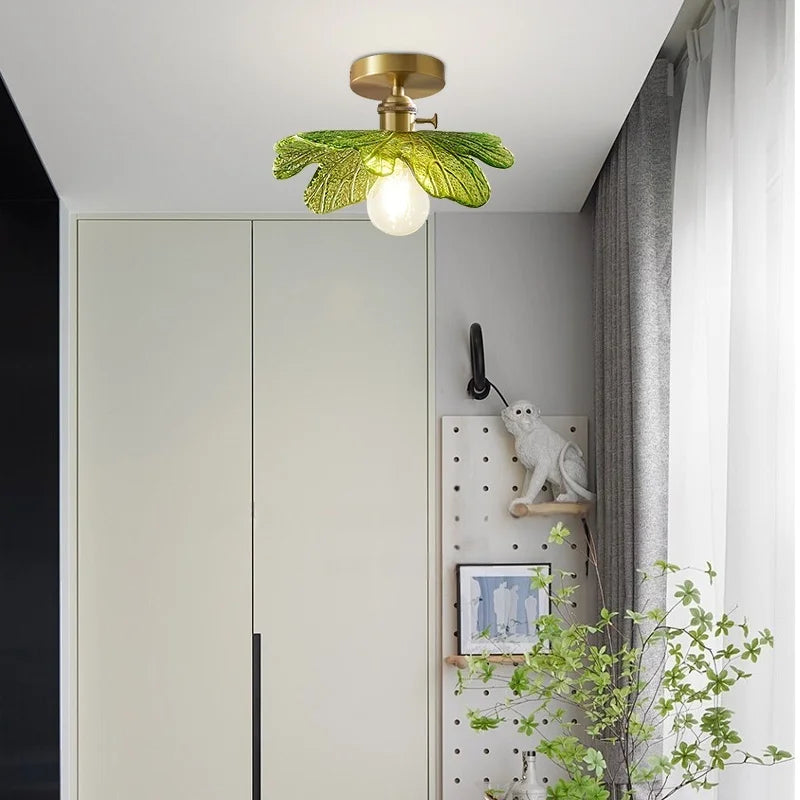 Afralia™ Green Flower Glass Copper Ceiling Light - Nordic Modern LED, Living Room Bedroom Hallway Fixtures