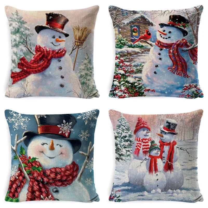 Afralia™ Christmas Snowman & Santa Claus Linen Pillow Cover for Festive Living Room Decor