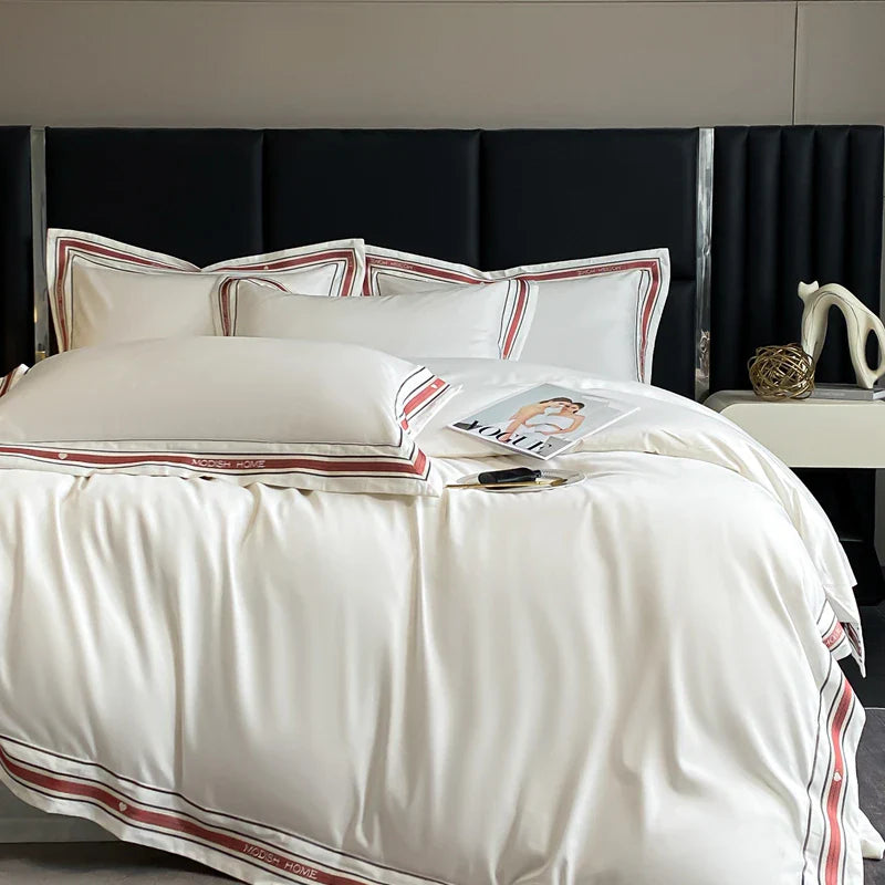 Afralia™ Solid Embroidery Bedding Set - King Queen Ru Size Bed Linens Comforter Cover Set