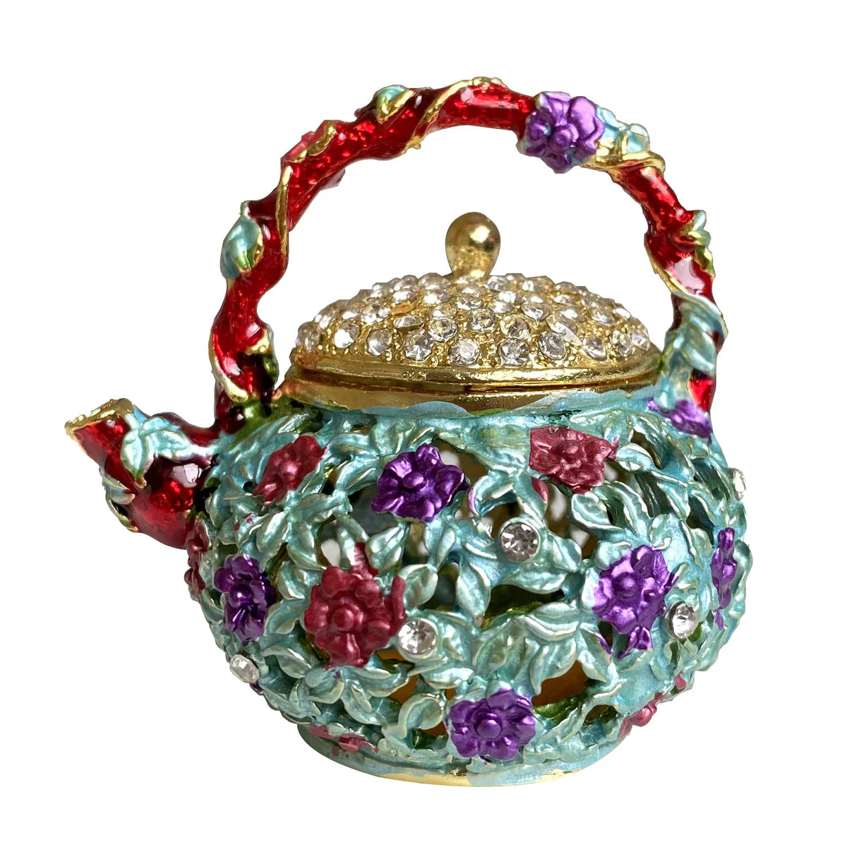 Afralia™ Metal Teapot Trinket Box Crystal Hinged Figurine | Jewelry Storage Ring Holder