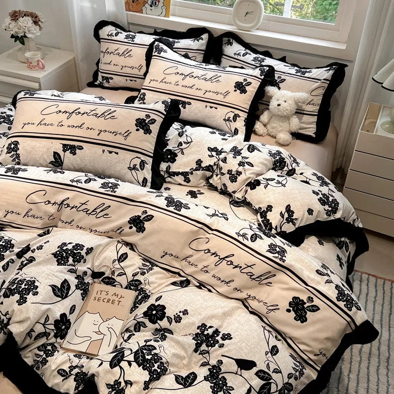 Afralia™ Black White Printed Bed Skirt Bedding Set - Cozy Skin Friendly Linens