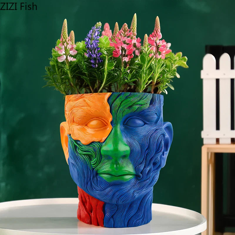Afralia™ Colorful Human Portrait Vase Desk Decoration with Artificial Flowers